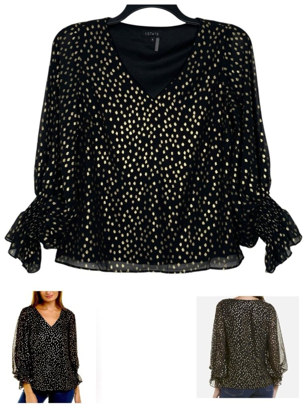 1.STATE Blouse Size Small V-Neck Balloon 3/4 Sheer Sleeves Gold Foil Dots Lined